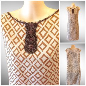 NWT LANDS END Tan Cream Geometric Print Beaded Shift Sundress Coverup Sz S